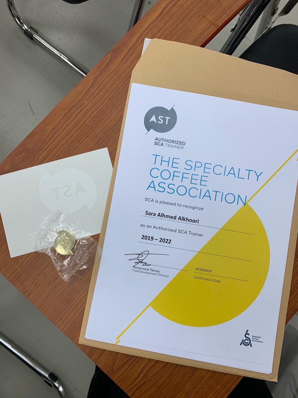 Sara Al Khoori Speciality Coffee Association Certificate as Authorised Trainer 2019 - 2022